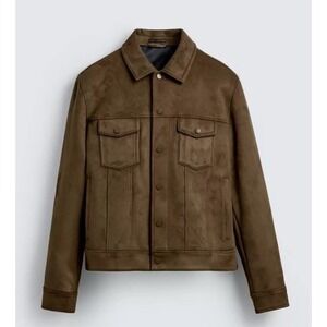 Zara Faux Suede Trucker Jacket Men's M Brown Snap Button Western Style NWT